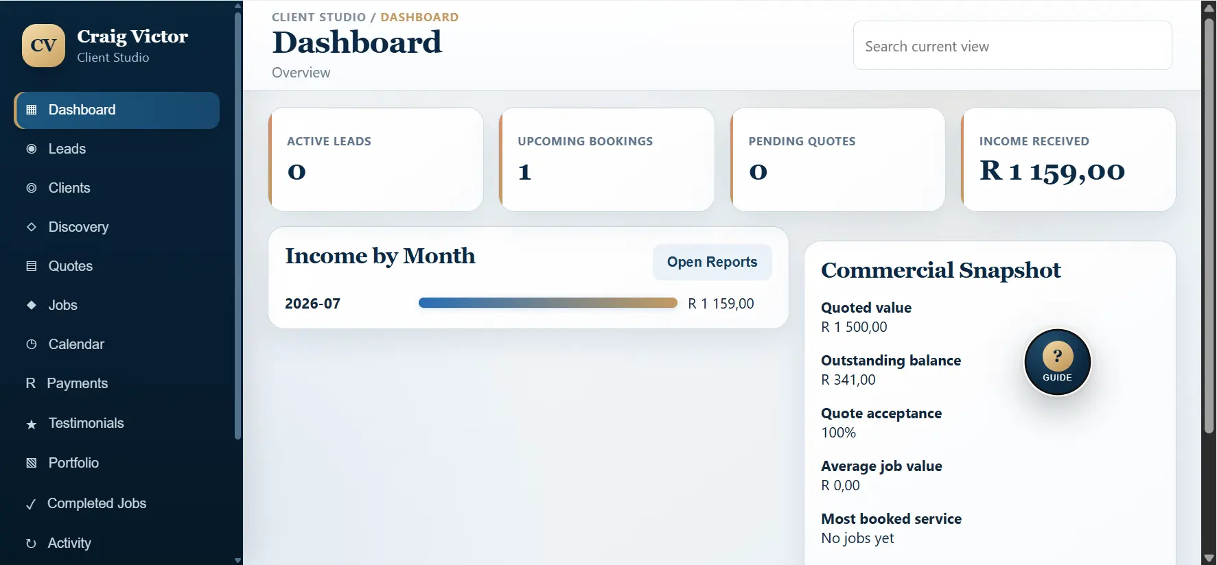 Craig Victor Client Studio dashboard